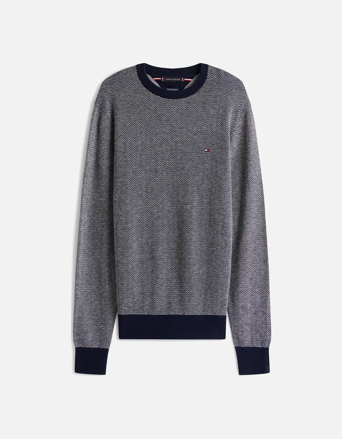 Pima Cotton Cashmere Herringbone Mens Crew Jumper - Desert Sky/Ivory Petal