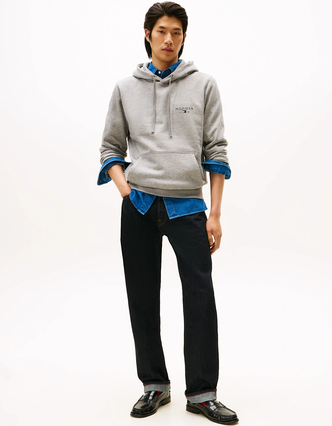 Brand Love Mens Small Hilfiger Logo Hoodie - Medium Grey Heather