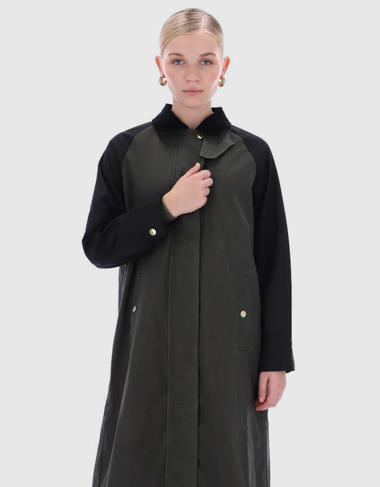 Harrow Patch Colour Block Womens Long Waxed Jacket - Kambaba