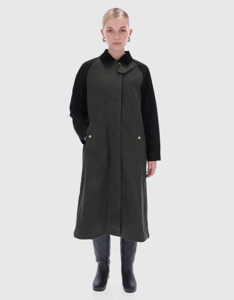 Harrow Patch Colour Block Womens Long Waxed Jacket - Kambaba