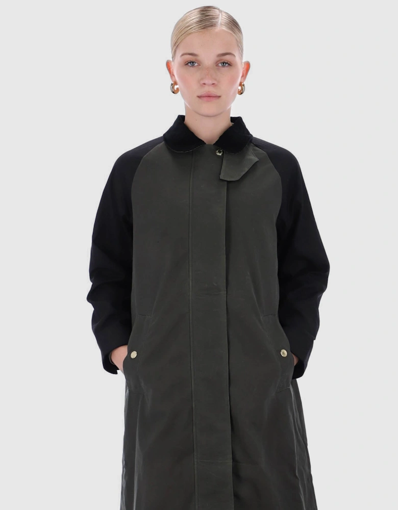 Harrow Patch Colour Block Womens Long Waxed Jacket - Kambaba