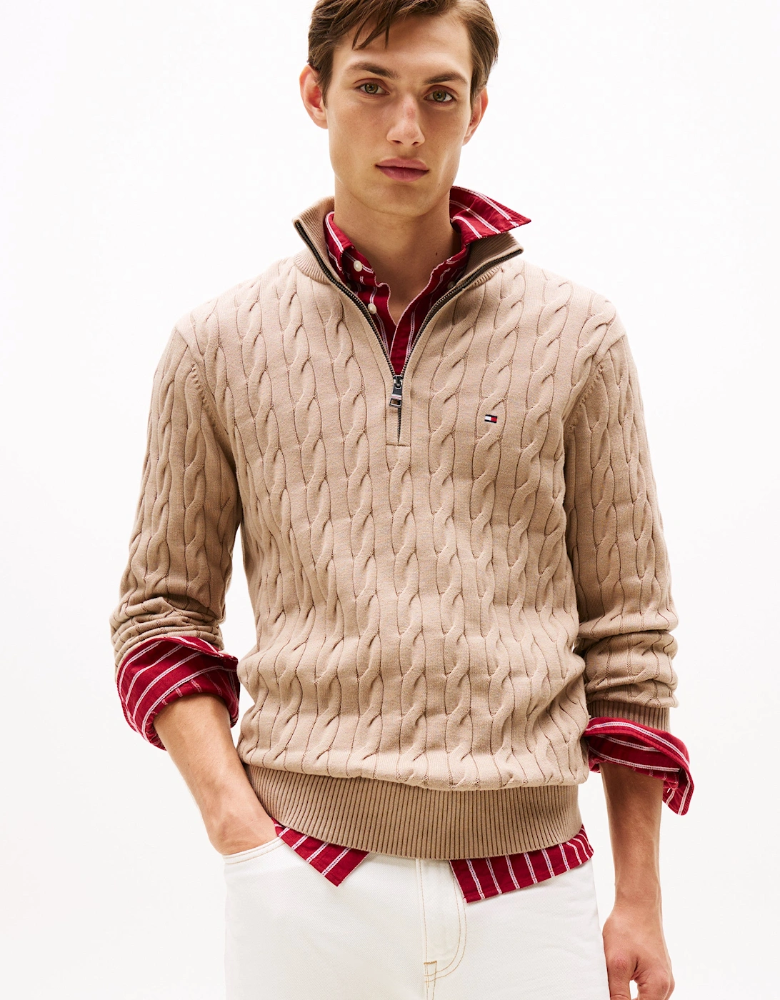 Tommy Hilfiger Men's Tan Classic Cotton Cable Half Zip Mock Sweatshirt - Coastal Taupe  40 L
