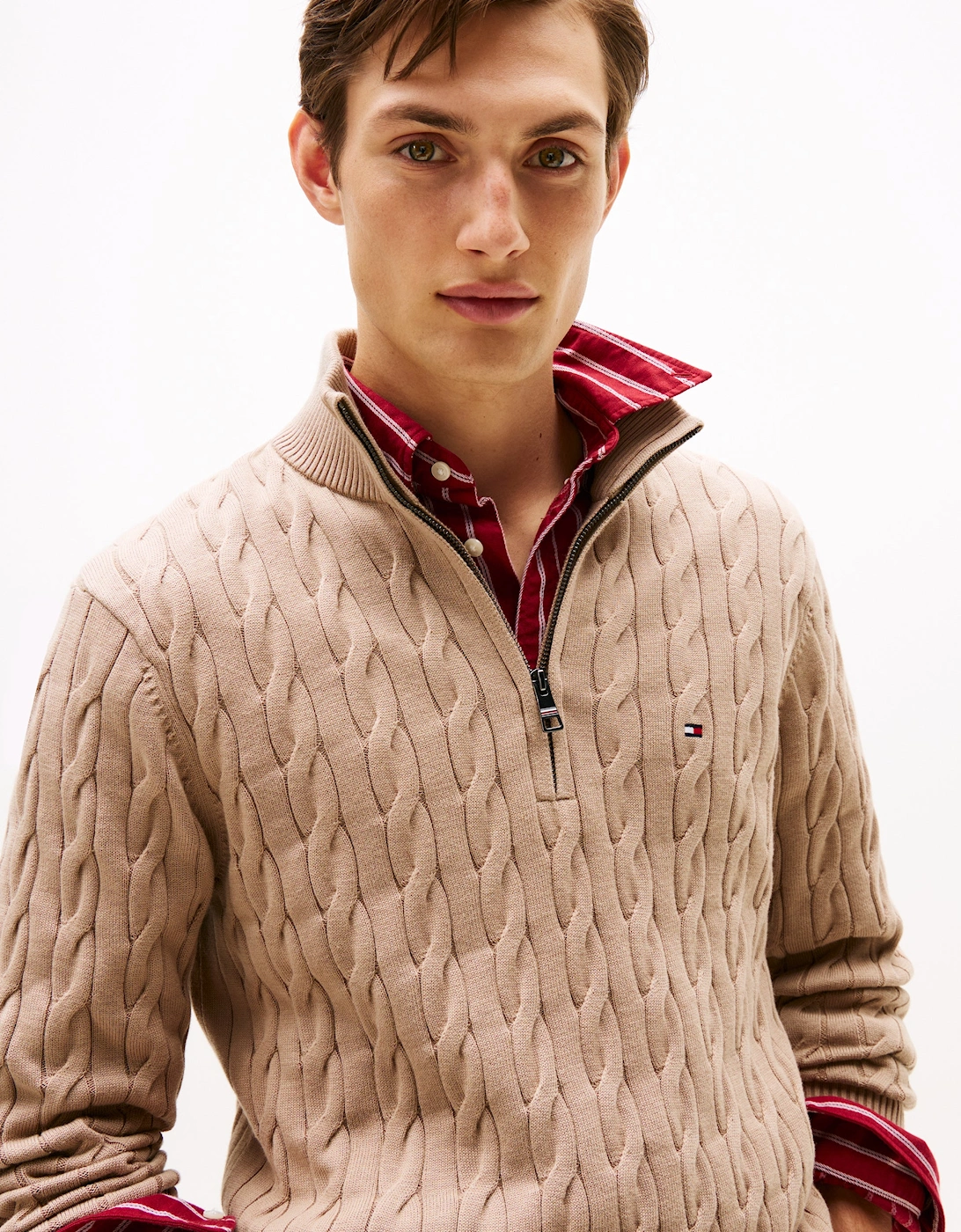 Classic Cotton Cable Mens Half Zip Mock Sweatshirt - Coastal Taupe