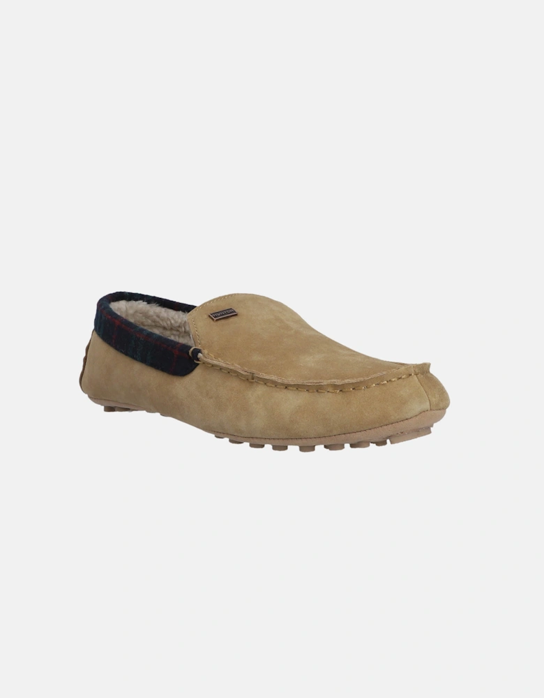 Mens Moccasin Slipper Tartan Collar - Biscuit