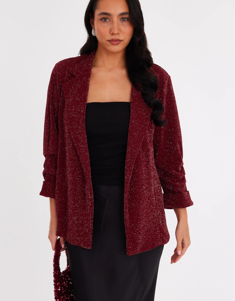 Red Glitter Ruched Sleeve Blazer