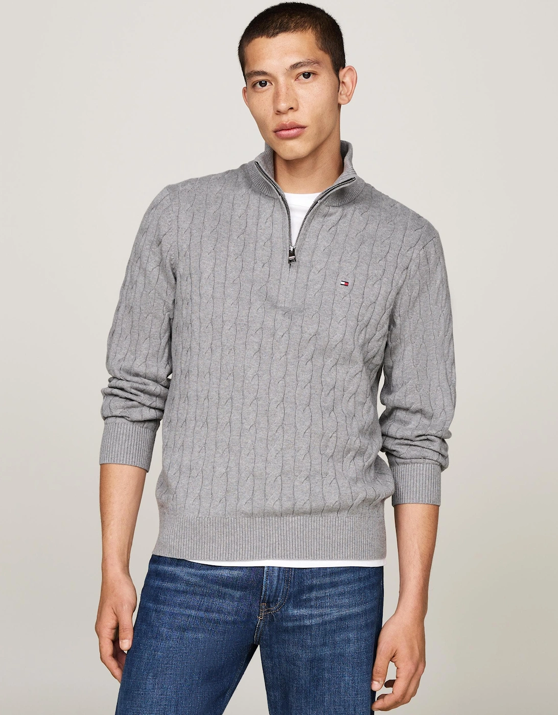 Classic Cotton Cable Mens Half Zip Mock Sweatshirt - Medium Grey Heather, 6 of 5