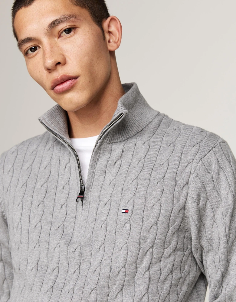 Classic Cotton Cable Mens Half Zip Mock Sweatshirt - Medium Grey Heather