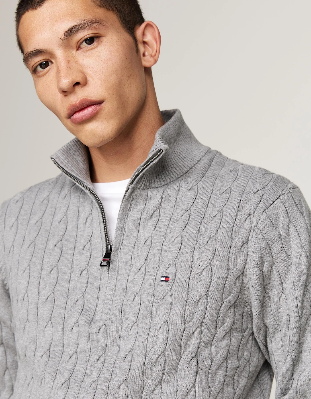 Classic Cotton Cable Mens Half Zip Mock Sweatshirt - Medium Grey Heather