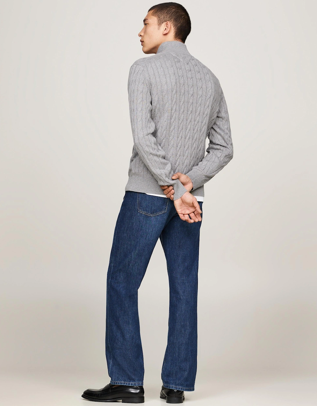 Classic Cotton Cable Mens Half Zip Mock Sweatshirt - Medium Grey Heather