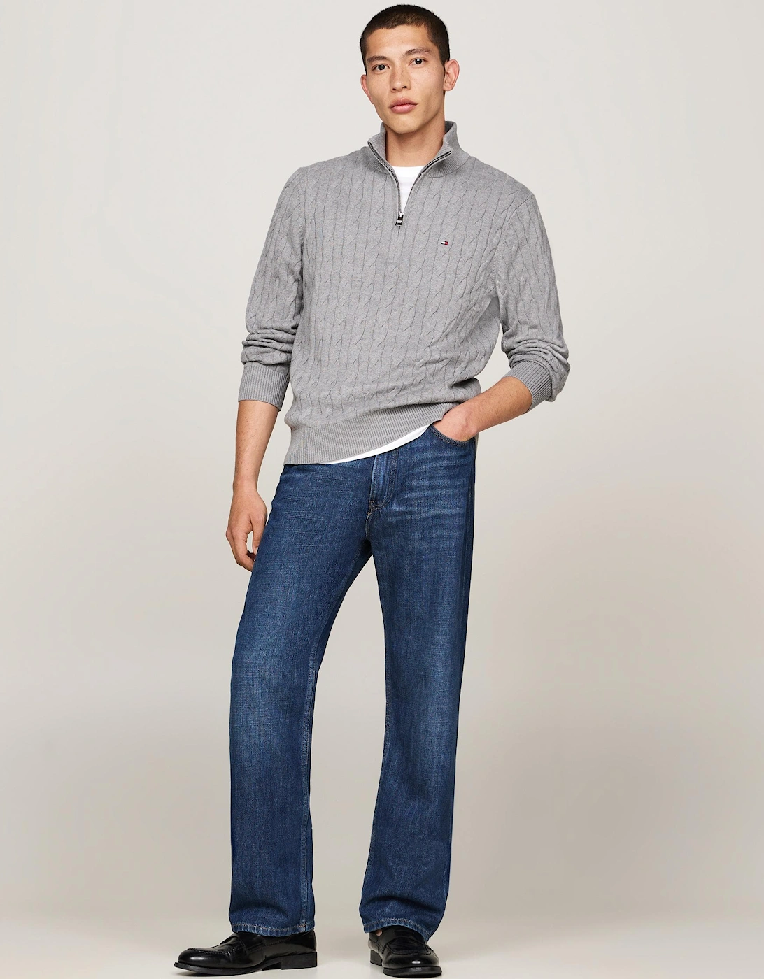 Classic Cotton Cable Mens Half Zip Mock Sweatshirt - Medium Grey Heather