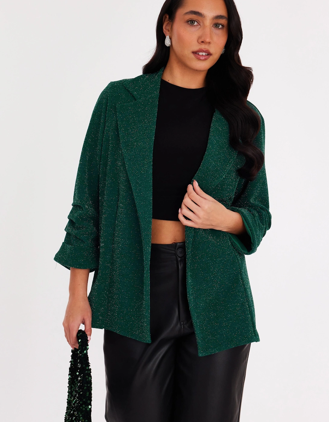 Green Glitter Ruched Sleeve Blazer, 2 of 1
