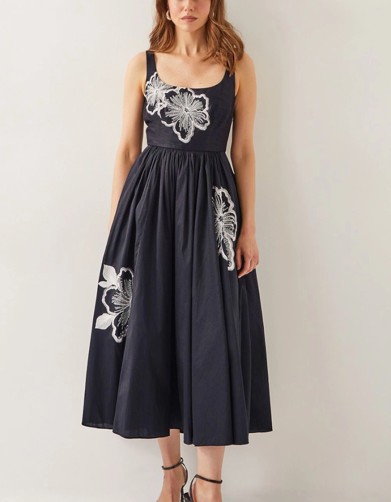 Sophie Embroidered Fit & Flare Midi Dress Black