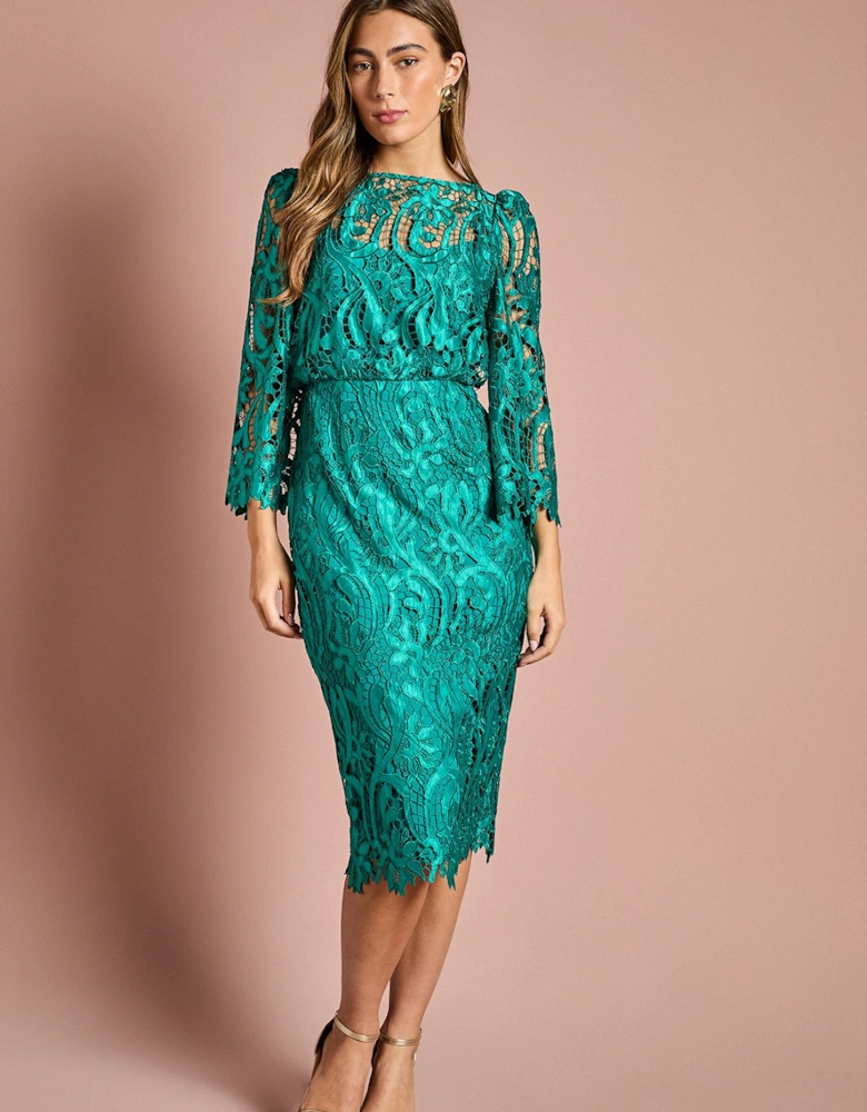 Satin Lace Boat Neck Midi Dress With Fluted Sleeve