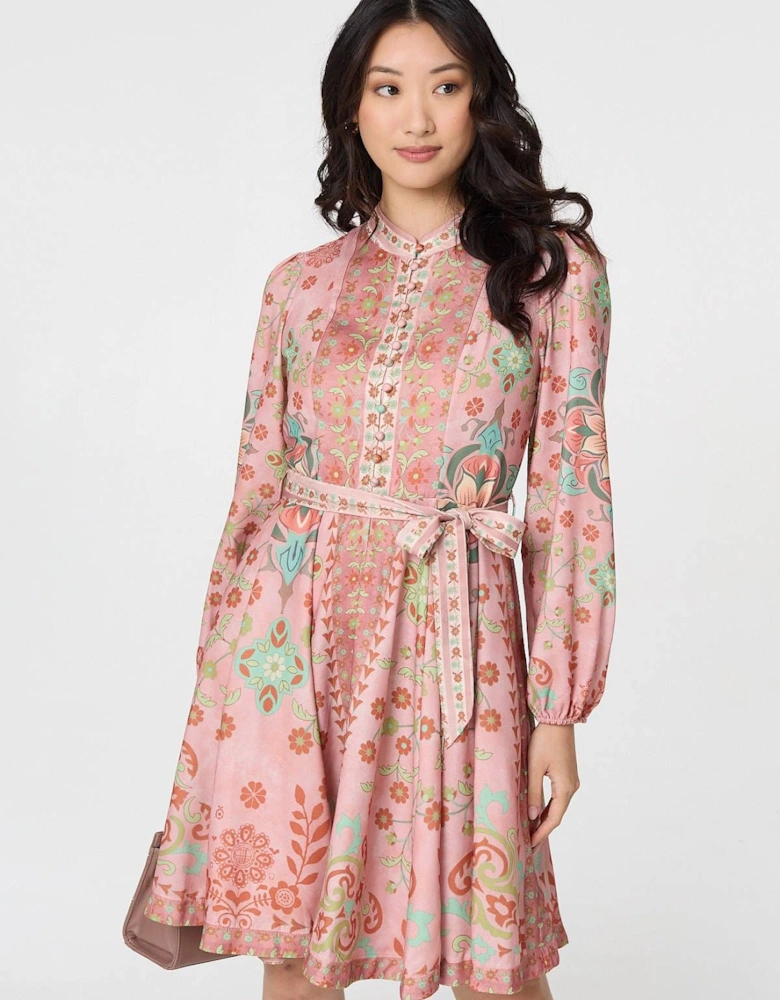 Floral Tie Waist Knee Length Dress