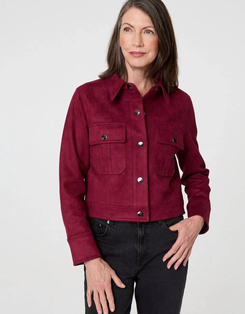 Faux Suede Cropped Collared Jacket