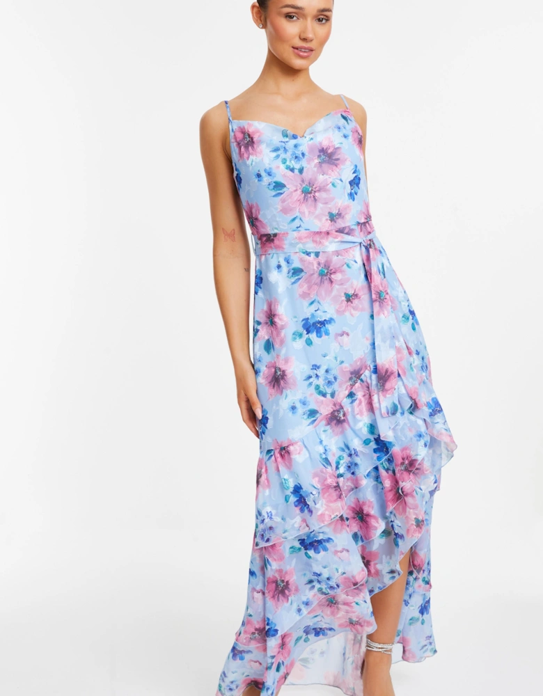 Blue Chiffon Floral Ruffle Maxi Dress
