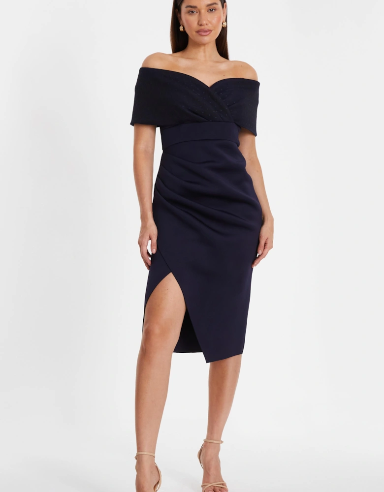 Navy Bardot Ruched Midi Dress