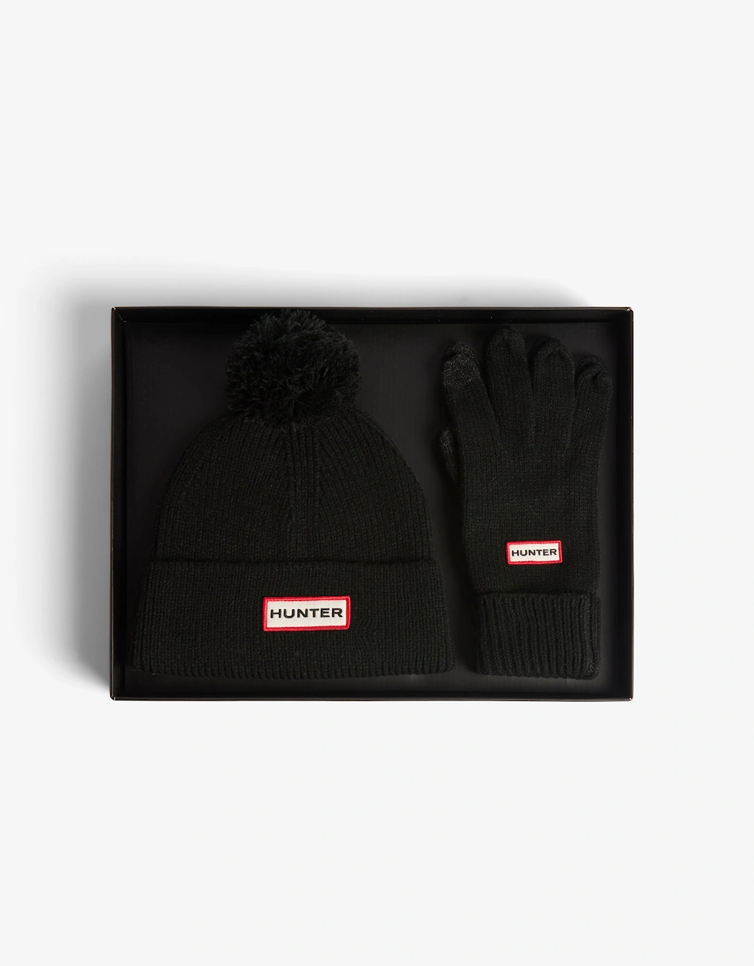 Hunter Unisex Black Anagach Ribbed Pom Beanie/Gloves Box Set - Size: One Size