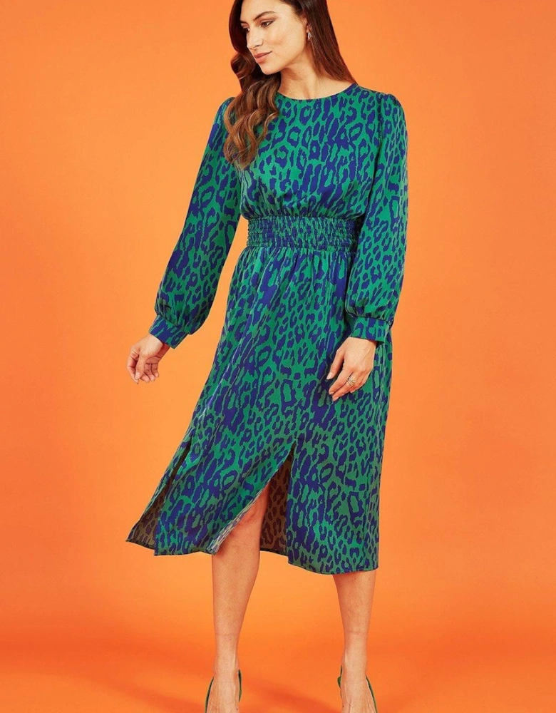 Green Animal Print Long Sleeve Ruched Midi Dress