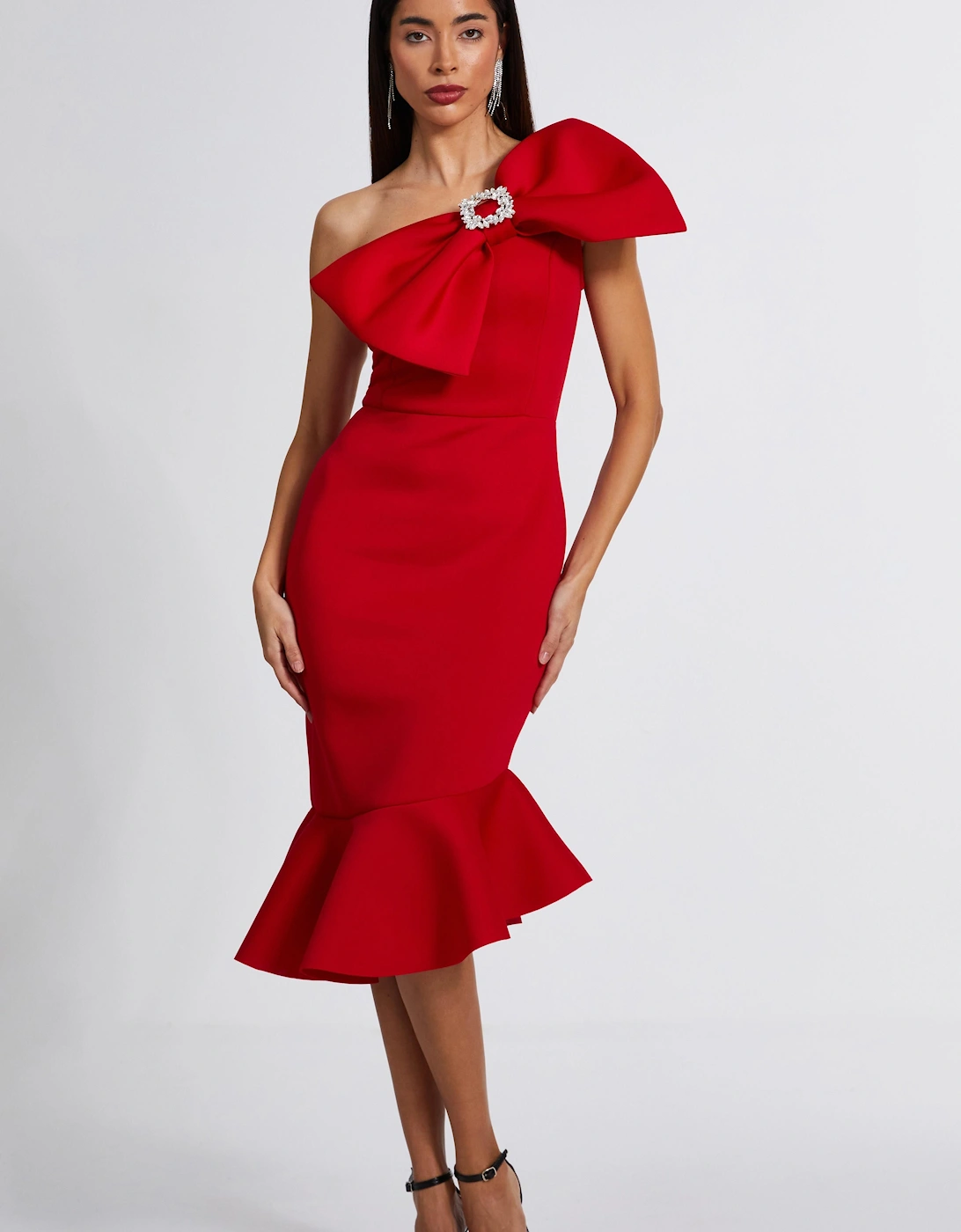Red One Shoulder Bow Midi Dress, 2 of 1