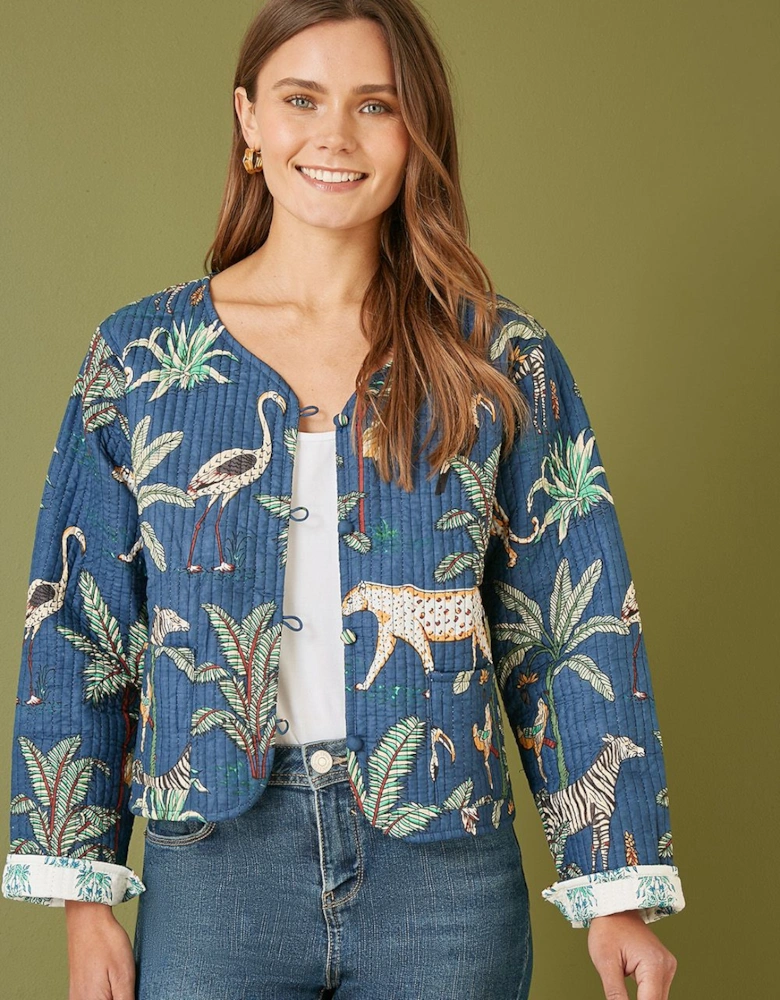 Blue Animal Print Reversible Cotton Cropped Quilted Jacket