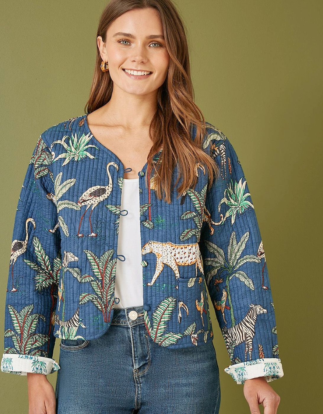 Blue Animal Print Reversible Cotton Cropped Quilted Jacket, 2 of 1