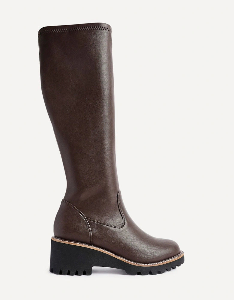 Resist Brown Faux Leather Stretch Wedge High Leg Boot