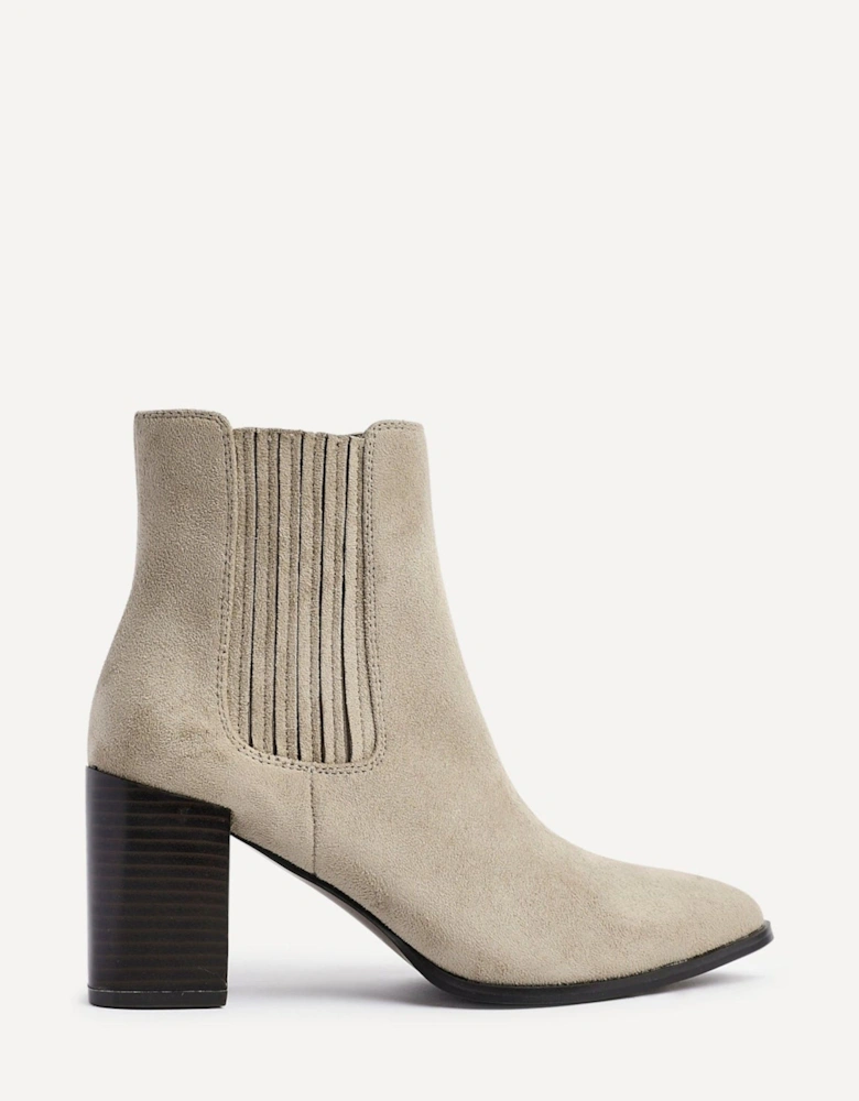 Thrive Taupe Suede Pointed Toe Stacked Blook Heeled Boot