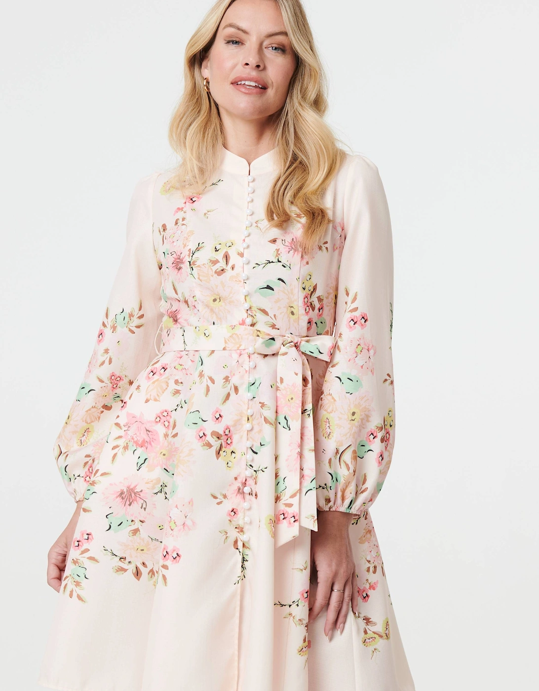 Floral Tie Waist High Neck Short Dress, 2 of 1