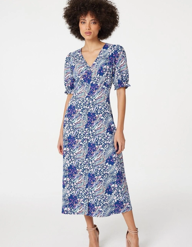Patchwork Print Midi Tea Dress