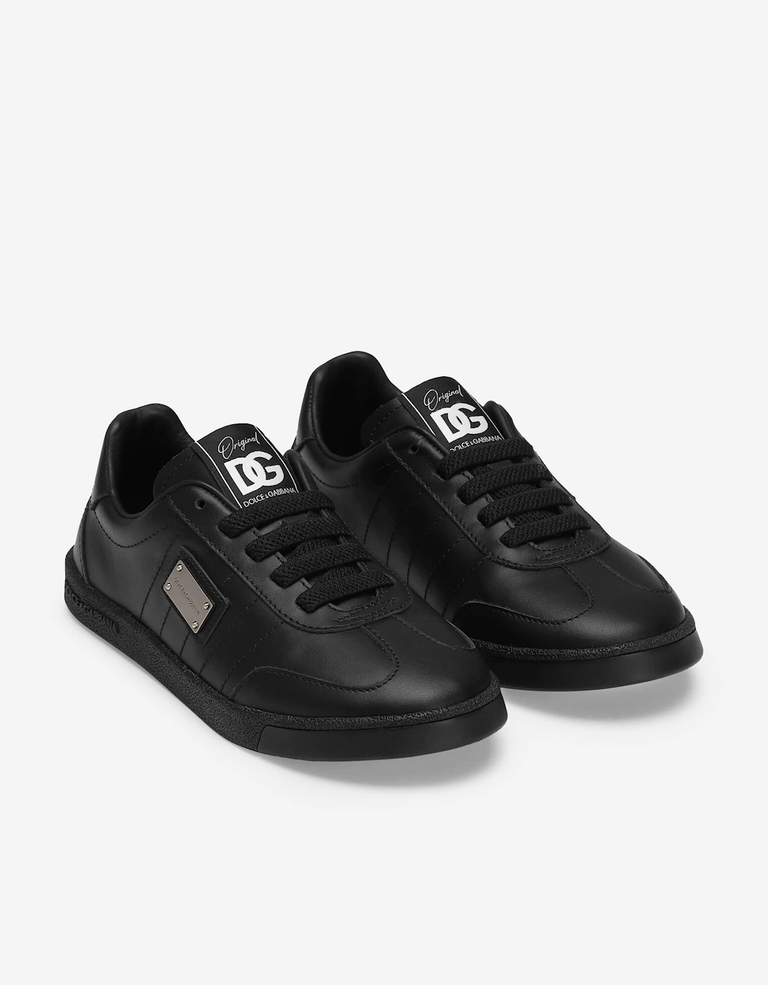 Boys Leather Logo Lace Up Trainers in Black