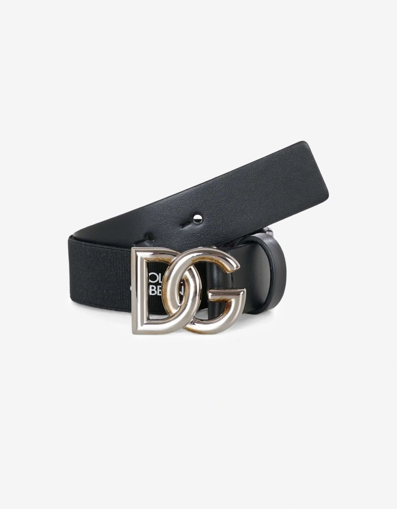 Boys Leather Elasticated Logo Belt in Black