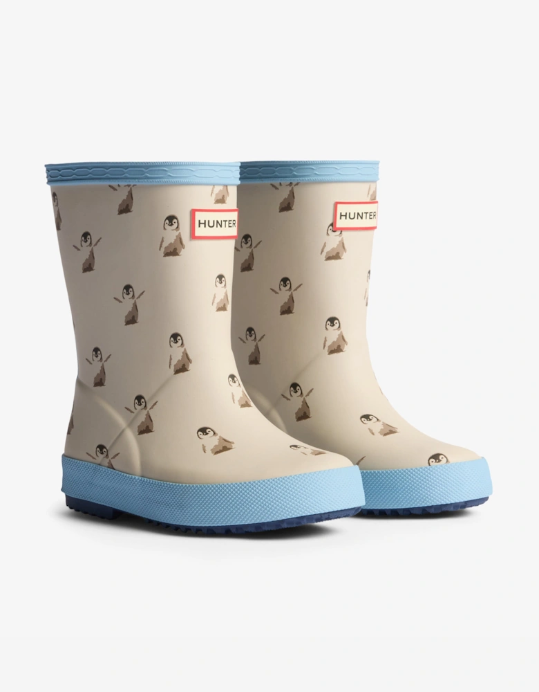 Kids First Penguin Print Wellington Boots in White