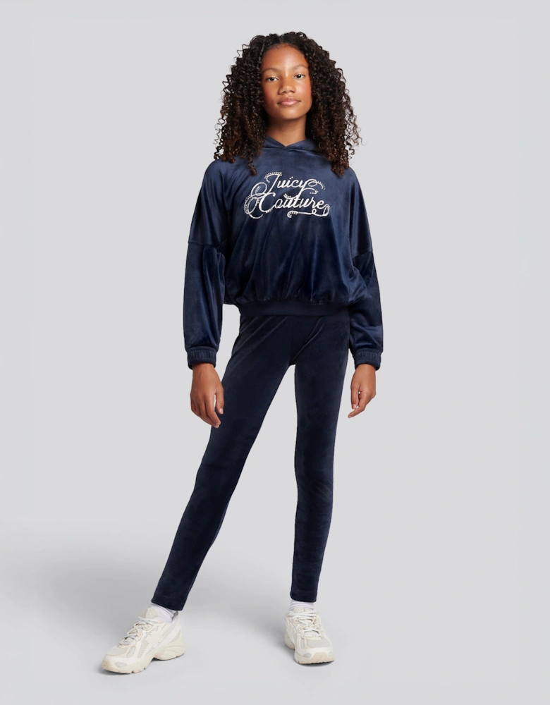Girls Relaxed Hoodie and Velour Leggings Set in Navy