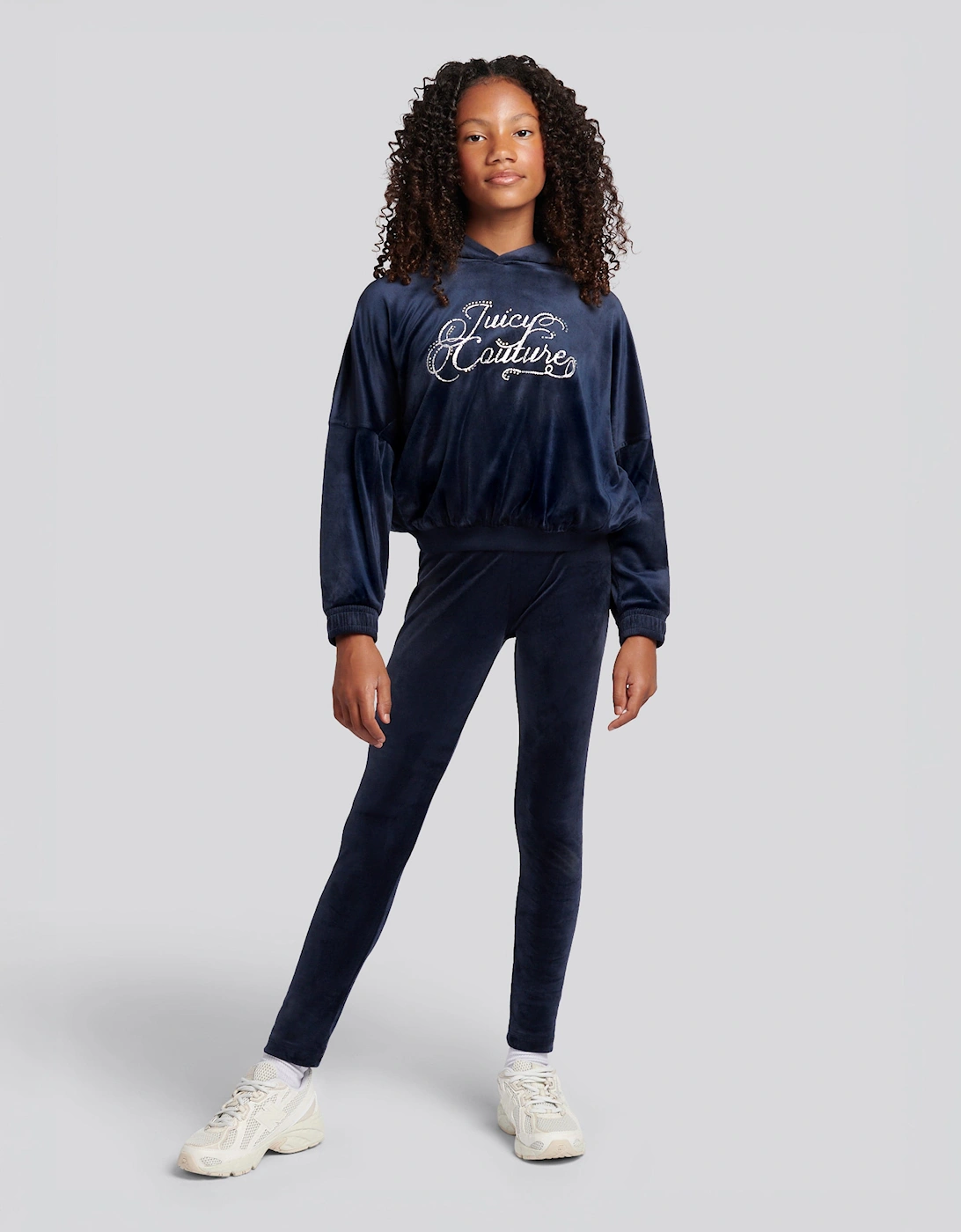Girls Relaxed Hoodie and Velour Leggings Set in Navy