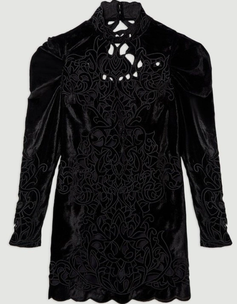 Barouque Placed Velvert Cutwork Puff Sleeve Woven Mini Dress