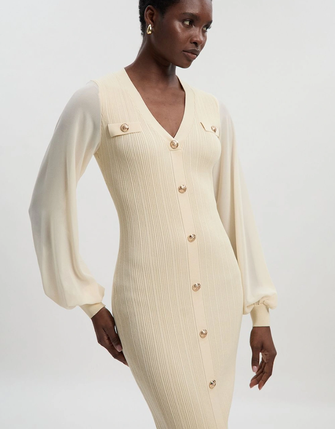 Viscose Blend Rib Knit Chiffon Sleeve Midi Dress, 2 of 1