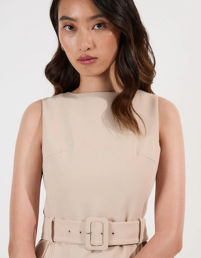 Petite Compact Essential Belted Tailored Midi Dress