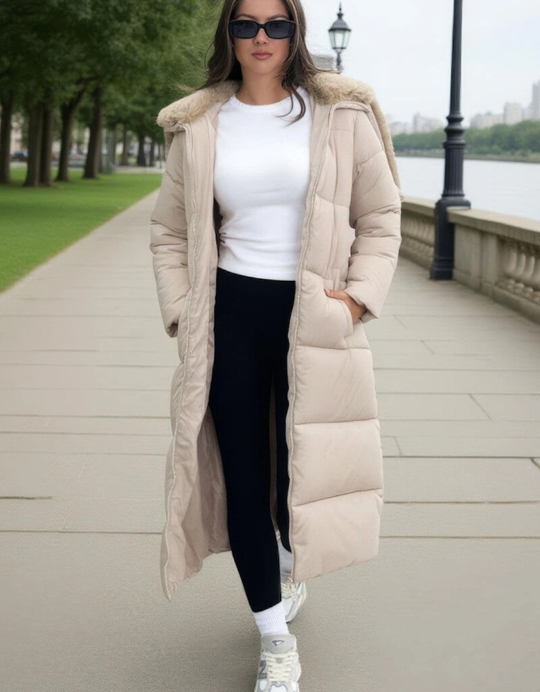 Cream Split Hood Longline Puffer Coat