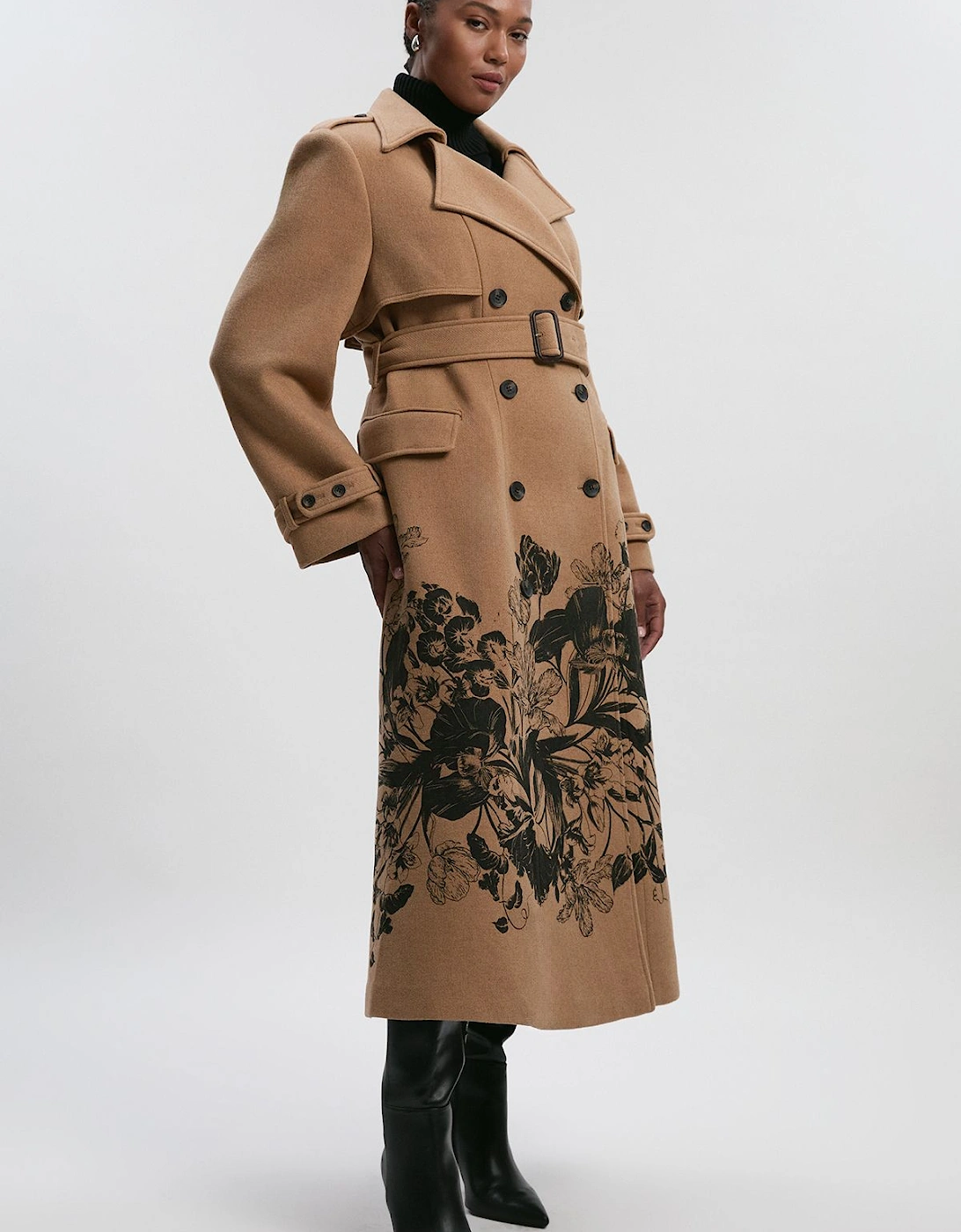 Plus size Wool Placement Print Tailored Double Breasted Belted Midi Coat, 2 of 1