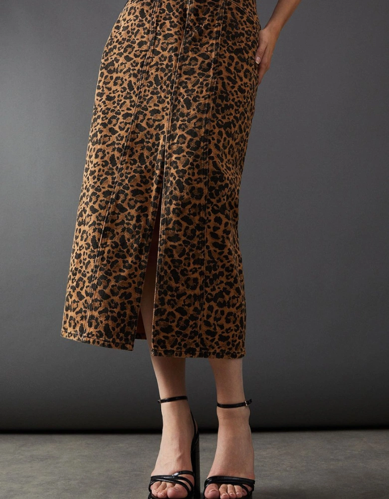 Leopard Print Denim Maxi Skirt