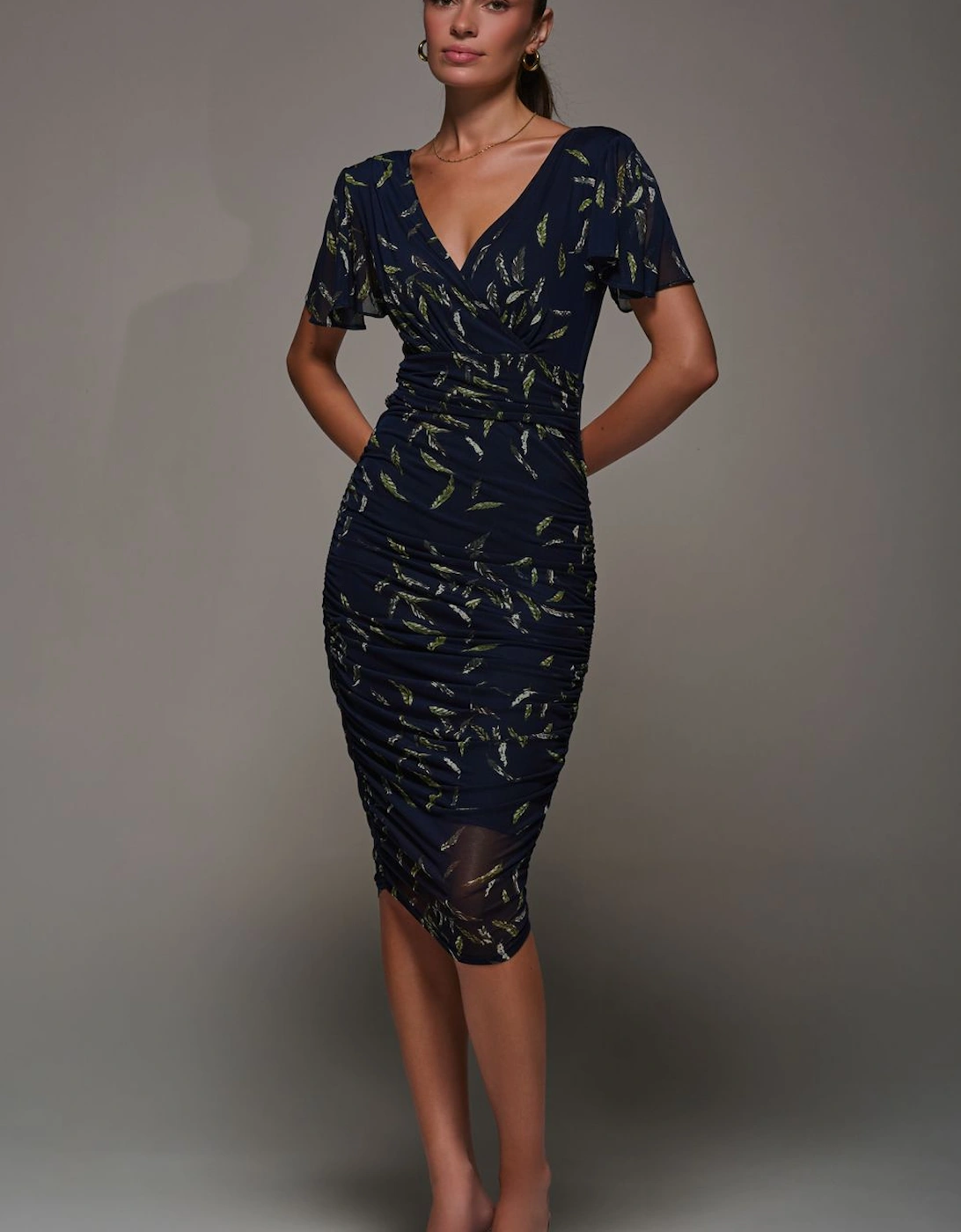 Angel Sleeved Patterned Ruched Bodycon Dress, 2 of 1