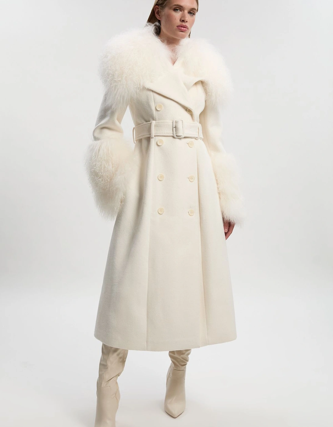 Brushed Wool & Shearling Tailored Double Breasted Belted Midi Coat, 2 of 1