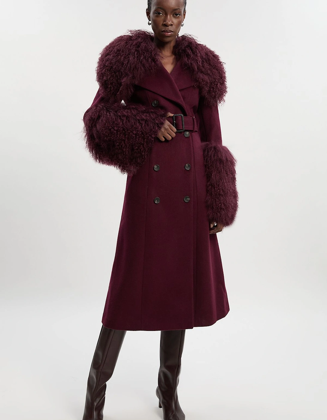 Brushed Wool & Shearling Tailored Double Breasted Belted Midi Coat, 2 of 1