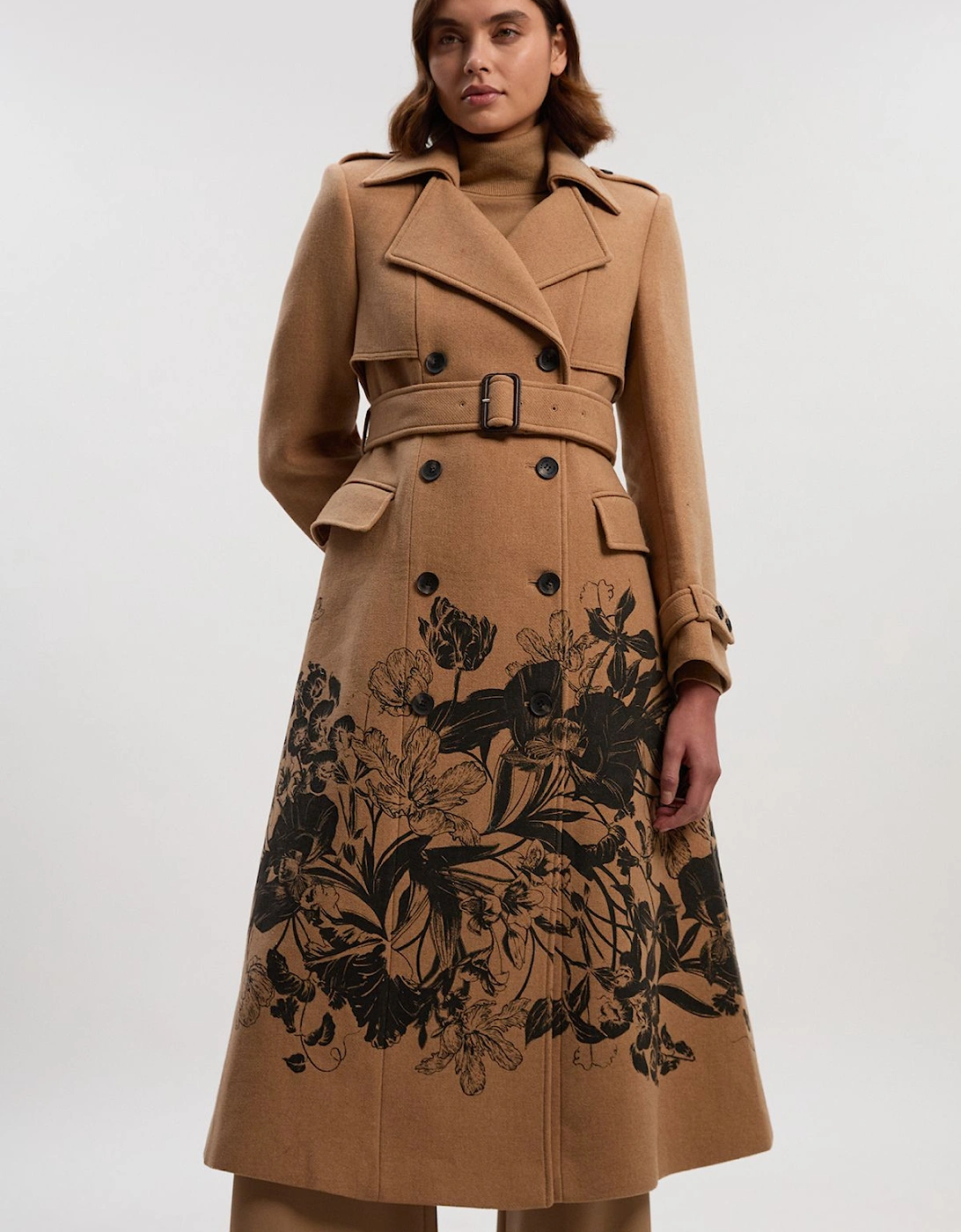 Wool Placement Print Tailored Double Breasted Belted Midi Coat, 2 of 1