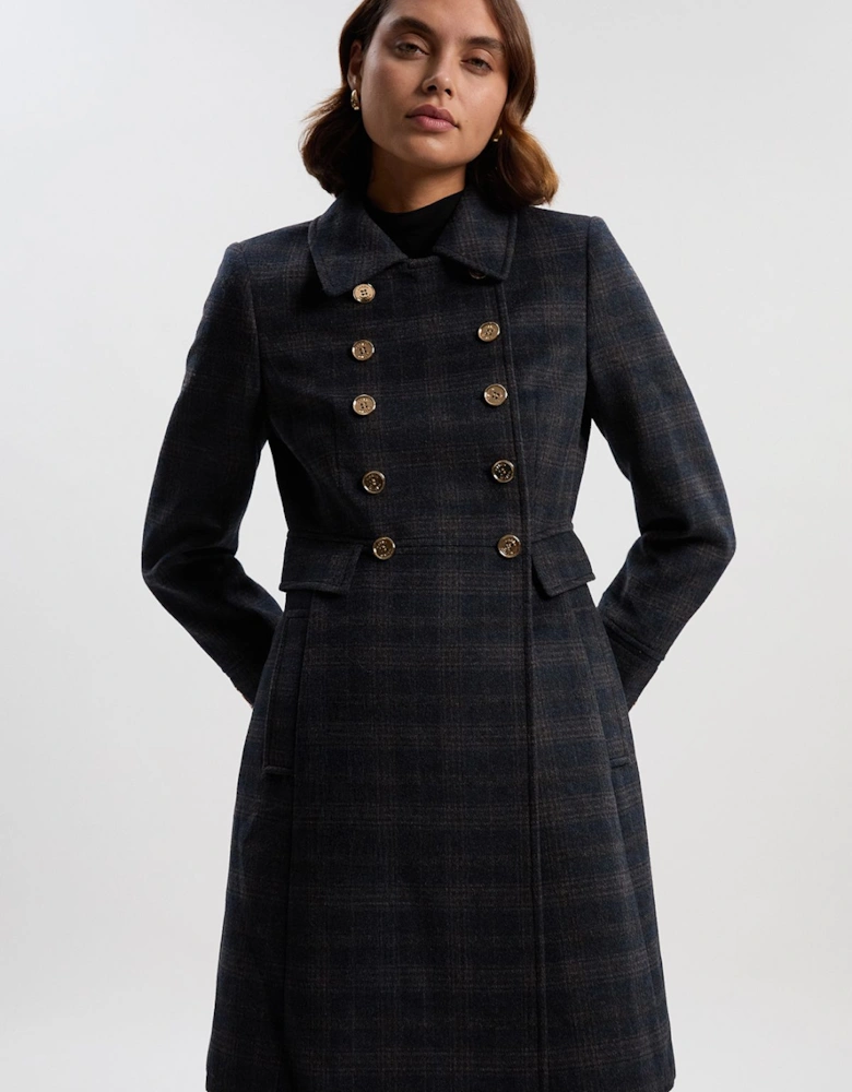 Wool Button Front Check Double Breasted Tailored Princess Coat