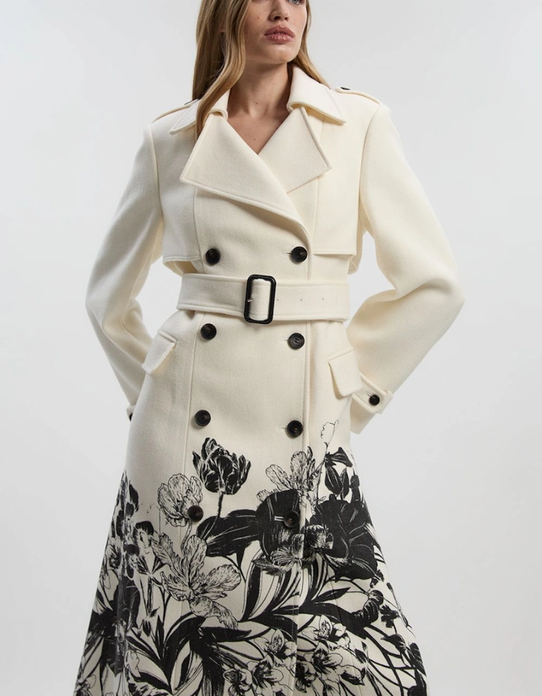 Wool Placement Print Tailored Double Breasted Belted Midi Coat