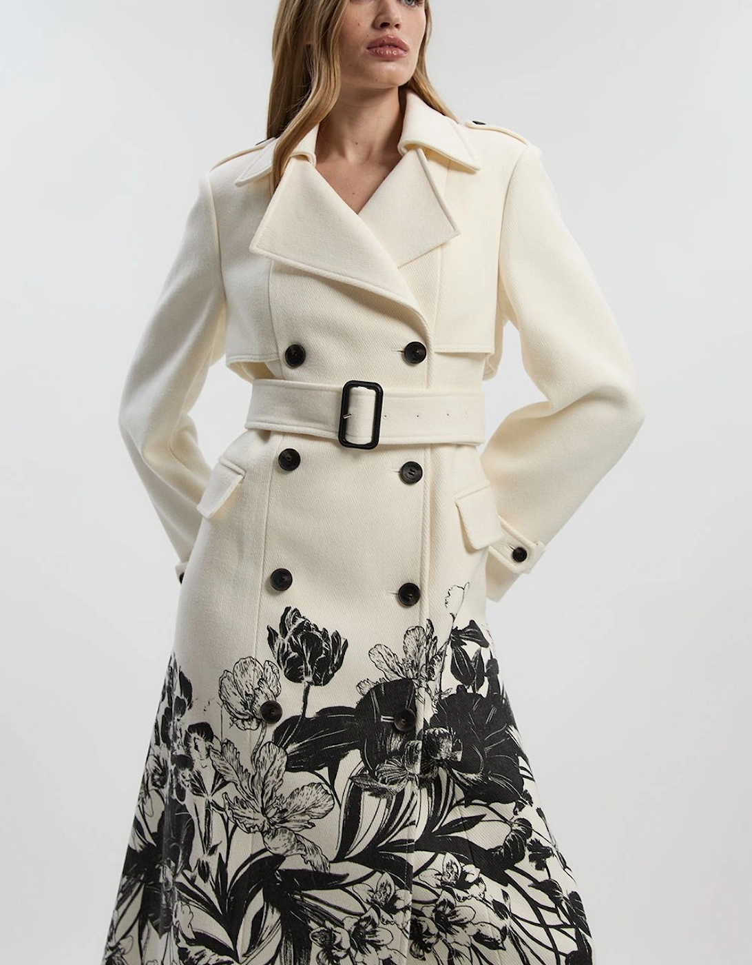 Wool Placement Print Tailored Double Breasted Belted Midi Coat, 2 of 1