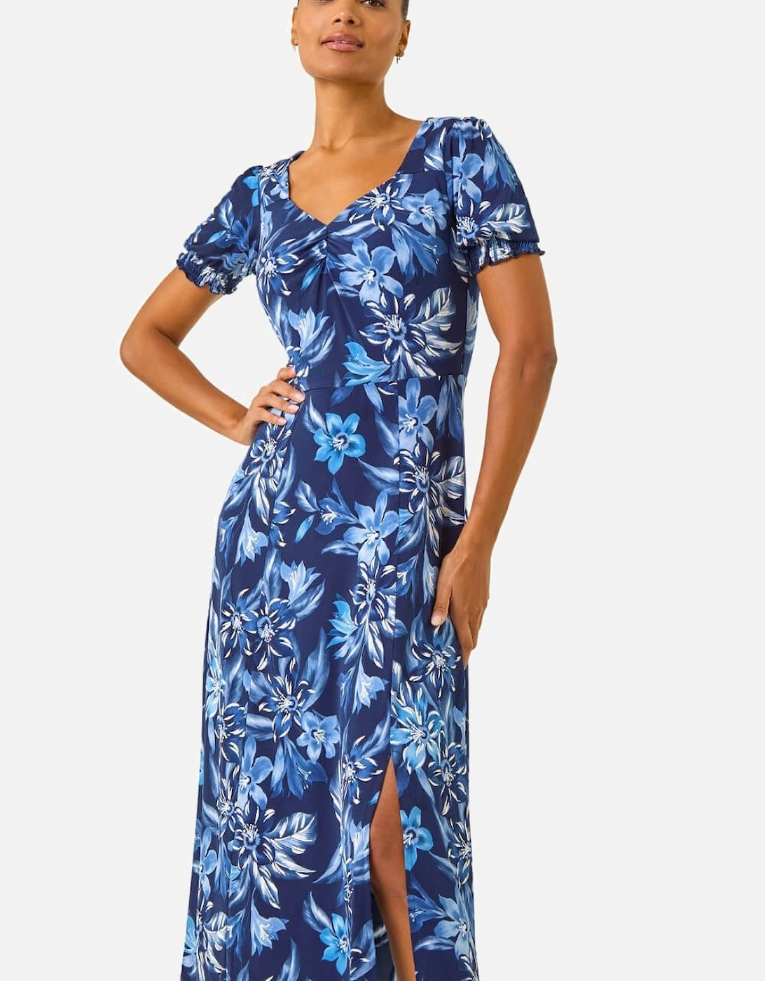 Floral Print Ruched Stretch Midi Dress, 2 of 1
