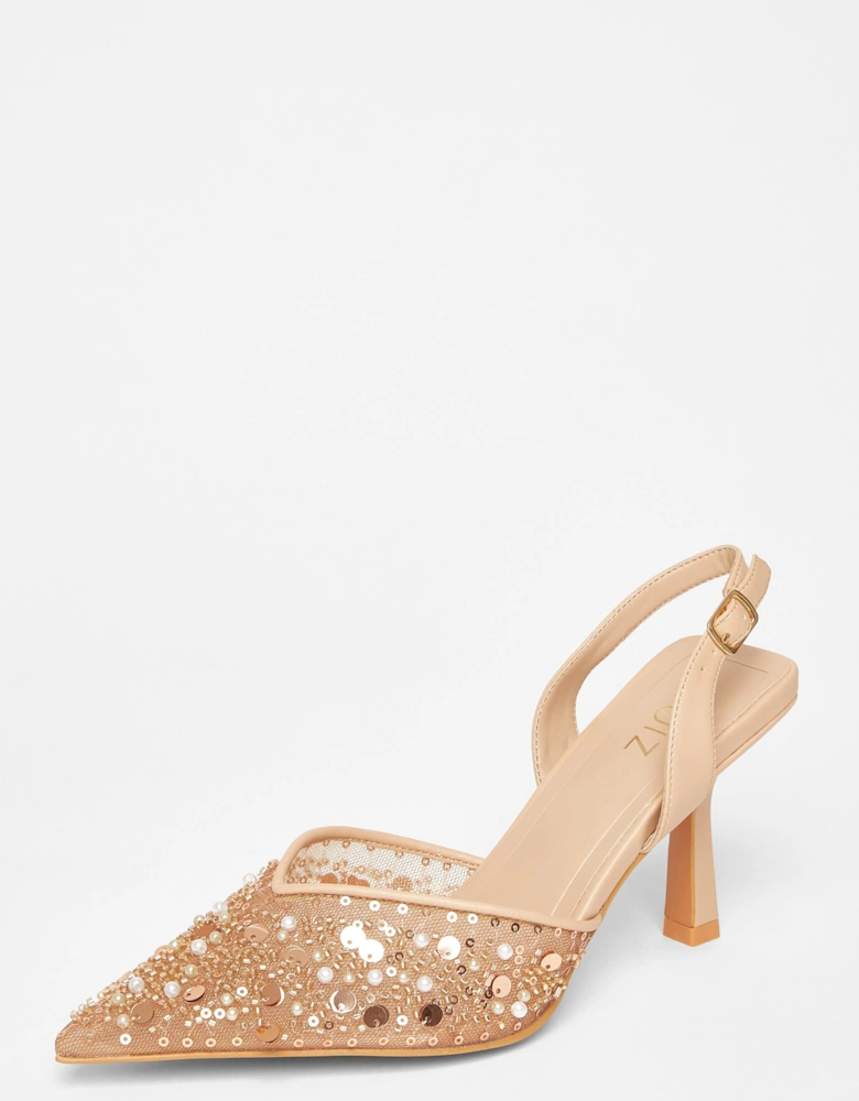 Nude Sequin Slingback Court Heels